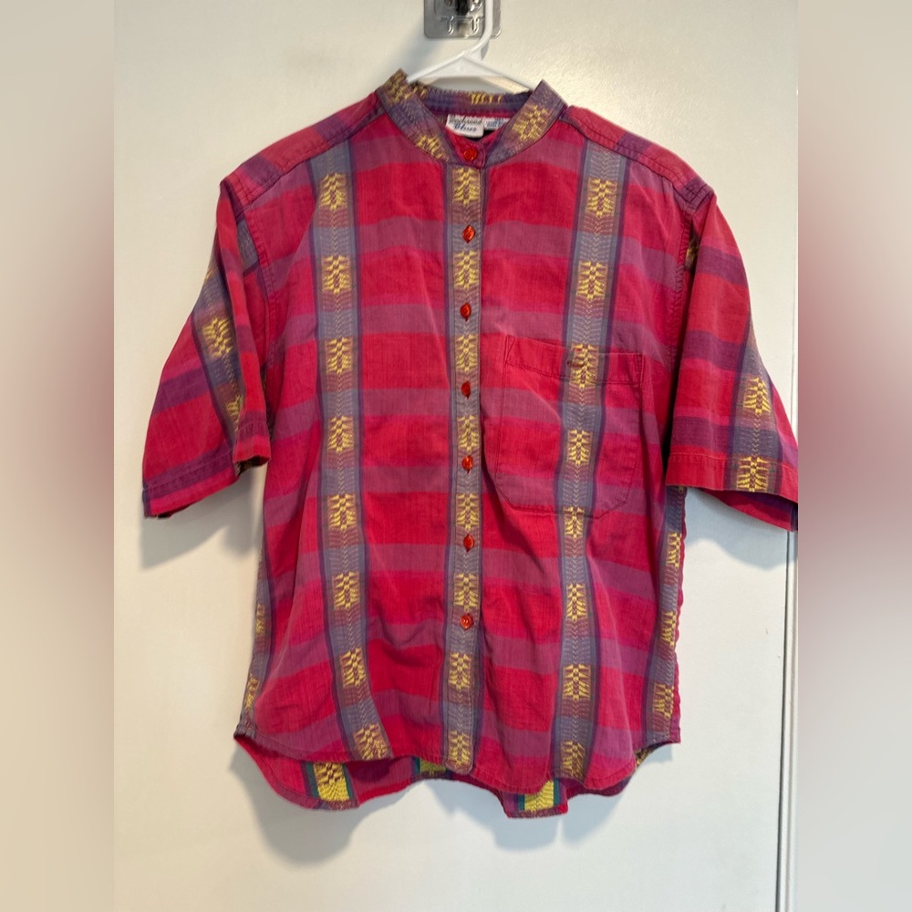 VTG Backroad Blues vivid colorful geometric pink plaid blouse mandarin collar.